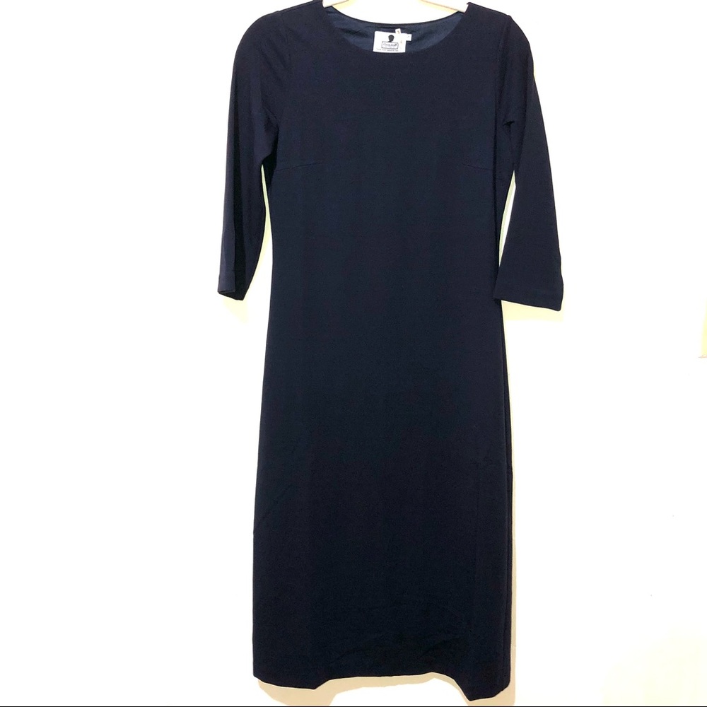 Dainty Jewels Clothier modest knit lined 3/4" sleeve navy blue dress  Small